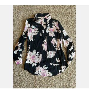Candies Sz S Blouse Top Black Floral Print w Lace Details